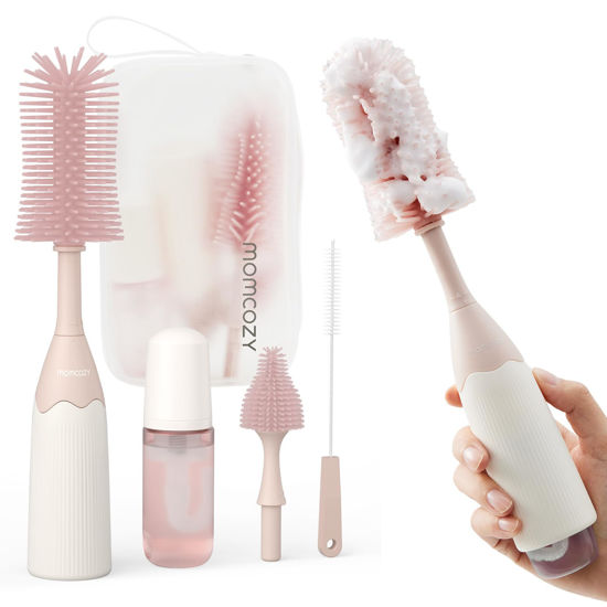 Picture of Momcozy Bottle Brush Kit, Innovative Push-Press Design for Better Cleaning - Baby Bottle Cleaner Brush for Baby Bottle, Breast Pumps, Nipples, and More - Can Generate Foam for Better Cleaning, Pink