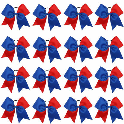 Picture of 16PCS 8" Large Cheer Hair Bows Ponytail Holder Elastic Band Handmade for Cheerleading Teen Girls College Sports (Royal blue/Red, 16 Count (Pack of 1))