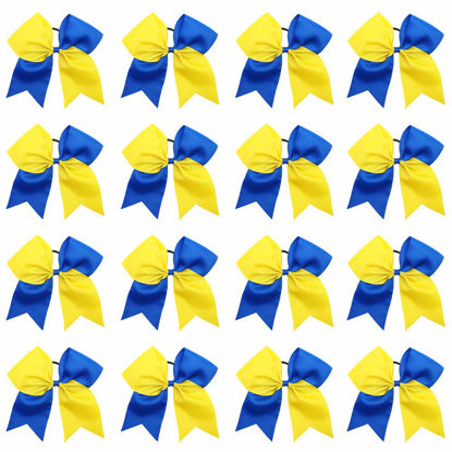 Picture of 16PCS 8" Large Cheer Hair Bows Ponytail Holder Elastic Band Handmade for Cheerleading Teen Girls College Sports (Royal Blue/Yellow, 16 Count (Pack of 1))