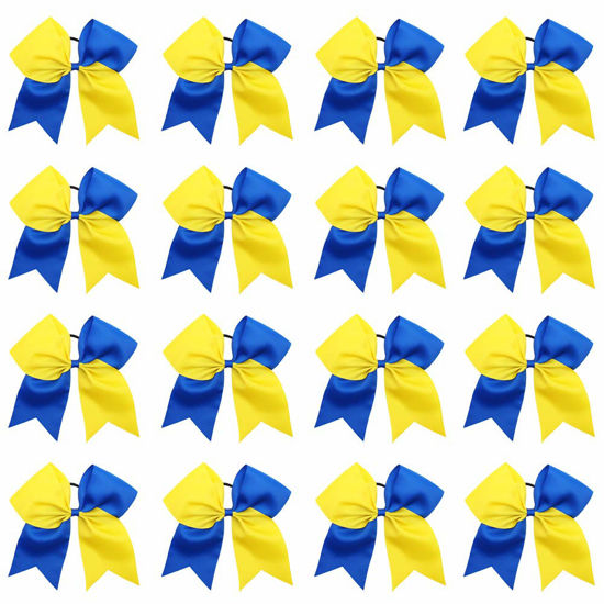 Picture of 16PCS 8" Large Cheer Hair Bows Ponytail Holder Elastic Band Handmade for Cheerleading Teen Girls College Sports (Royal Blue/Yellow, 16 Count (Pack of 1))