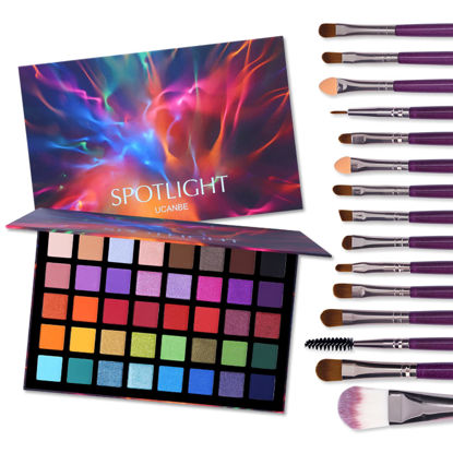 Picture of UCANBE Spotlight Eyeshadow Palette + 15 PCS Eye Brushes Makeup Set, Professional 40 Color Matte Shimmer Glitter Eye Shadow Pallet Highly Pigmented Waterproof Long Lasting Make up Pallete