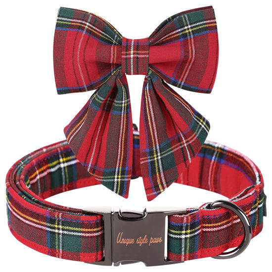 Picture of Unique style paws Christmas Dog Collar with Bow Tie Red Plaid Puppy Collar for Small Medium Large Dogs as Autumn Winter Gifts -XS