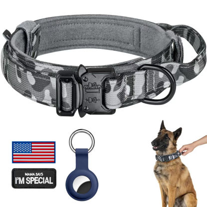 Picture of DAGANXI Tactical Dog Collar, Adjustable Military Training Nylon Dog Collar with Control Handle and Heavy Metal Buckle for Medium and Large Dogs, with Patches and Airtags Case (S, Camo)