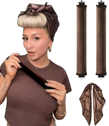 Picture of Satin Overnight Curling Set: Heatless Jumbo Foam Rollers and Blowout Rods for Fine Hair, No-Heat Headband for Big Curls Styling, Brown