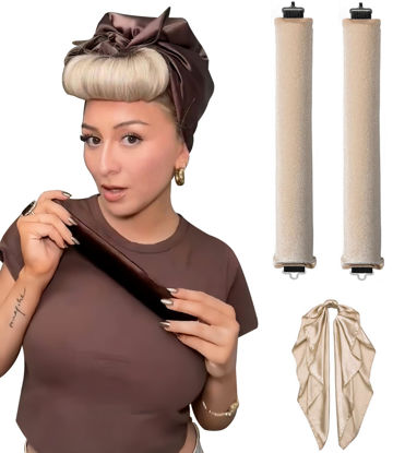 Picture of Satin Heatless Hair Curlers Curling Set Overnight Blowout Curls Rods No Heat Self Curling Jumbo Rods Hair Rollers Set for Fine Thin Long Hair Heatless Curl Silk Hair Wrap for Sleeping Beige