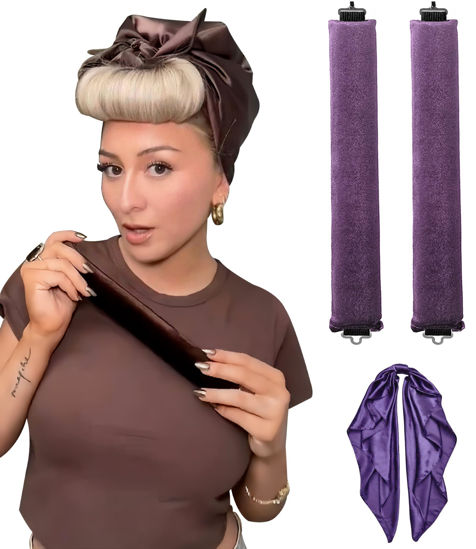 Picture of Heatless Hair Curler Overnight Curls Blowout Rods Headband No Heat Curlers to Sleep in Large Rods Hair Rollers Blowout Look for Short Hair Styling Tools Silk Hair Wrap Curling Set Violet