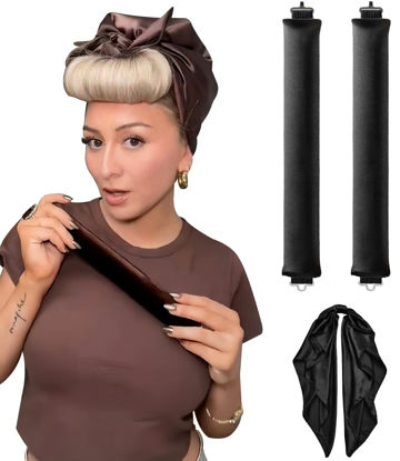 Picture of Satin Overnight Blowout Hair Rollers Set - Black Jumbo Self Curling Rods for Fine, Thin, Long Hair - Silk Heatless Curling Wrap for Sleeping