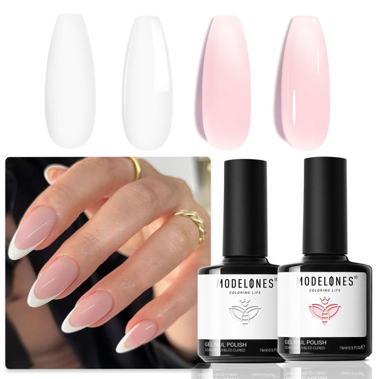 Picture of modelones French Gel Nail Polish, 2 PCS 15 ML White Gel Polish Nude Pink Jelly Gel Polish Soak off U V LED Gel French Tip Nail Art Nail Supplies for Starter Professional Gift