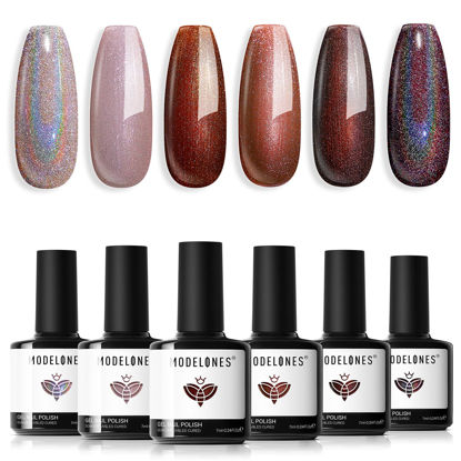 Picture of modelones Chameleon Gel Nail Polish Set - 6 Colors Fall Gel Polish Kit Nude Brown Purple Red Glitter Gel Polish Shimmer Winter Soak Off LED Nail Lamp Gel Nail Kit Home Gift DIY Salon For Women Girl