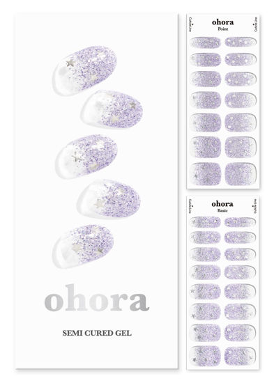 Picture of ohora Semi Cured Gel Nail Strips (N Shooting Star) - Purple, Glitter, Works with UV/LED Lamps, Salon-Quality, Long Lasting, Easy to Apply & Remove - Includes 2 Prep Pads, Nail File & Wooden Stick