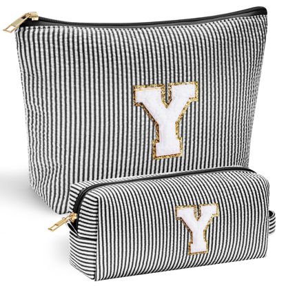 Picture of YOOLIFE Travel Makeup Bag Cosmetic Bag - Make Up Bag with Makeup Brush Bag Monogram Makeup Pouch Bag 2 Pieces Cute Makeup Bag Personalized Gifts Best Friend Birthday Gifts for Women Black Letter Y