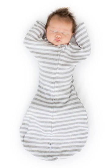 Picture of SwaddleDesigns Transitional Swaddle Sack with Arms Up Half-Length Sleeves and Mitten Cuffs, Small, 0-3 months, 6-14 lbs, Heathered Gray Stripes (Arms Up Swaddle, Transition Swaddle Sleep Sack)