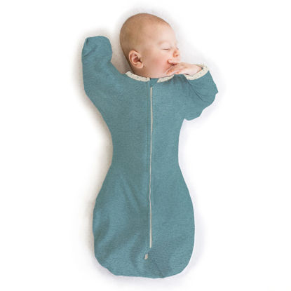 Picture of SwaddleDesigns Transitional Swaddle Sack with Arms Up Half-Length Sleeves and Mitten Cuffs, Small, 0-3 months, 6-14 lbs, Heathered Teal (Arms Up Swaddle, Transition Swaddle Sleep Sack)