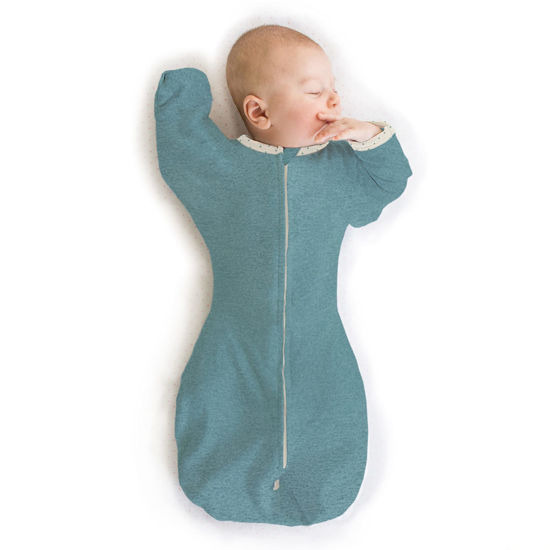 Picture of SwaddleDesigns Transitional Swaddle Sack with Arms Up Half-Length Sleeves and Mitten Cuffs, Small, 0-3 months, 6-14 lbs, Heathered Teal (Arms Up Swaddle, Transition Swaddle Sleep Sack)