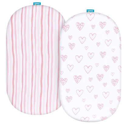 Picture of Bassinet Sheets Compatible with Dream On Me Karley (Plus Portable), Chicco LullaGo Portable and ANGELBLISS 3 in 1 Rocking Bassinet, 2 Pack, 100% Jersey Knit Cotton Fitted Sheets, Pink Print