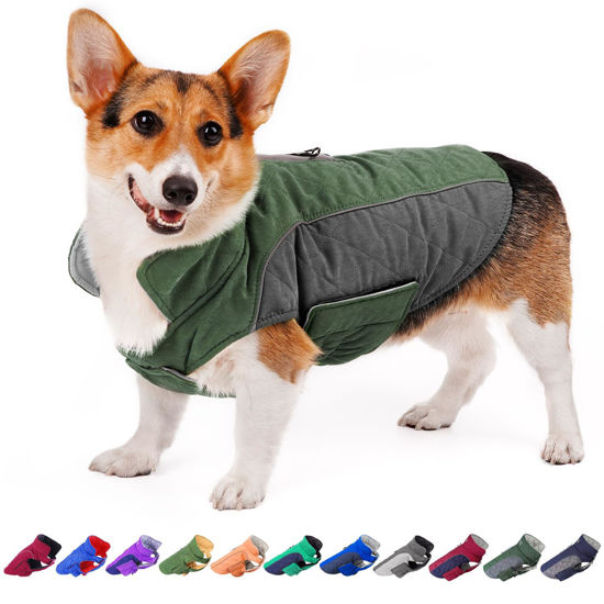 Picture of ThinkPet Dog Cold Weather Coats - Cozy Waterproof Windproof Reversible Winter Dog Jacket, Thick Padded Warm Coat Reflective Vest Clothes for Puppy Small Medium Large Dogs Green Dark Grey S