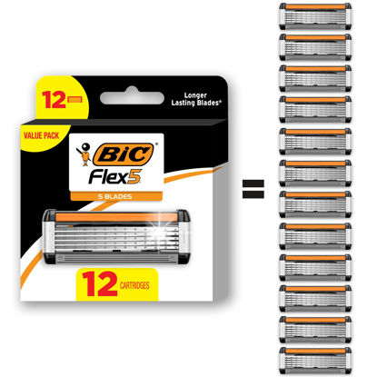 Picture of BIC Flex 5 Refillable Refill Razor Cartridges for Men, Long-Blade Razors for a Smooth and Comfortable Shave, 12 Refill Cartridges