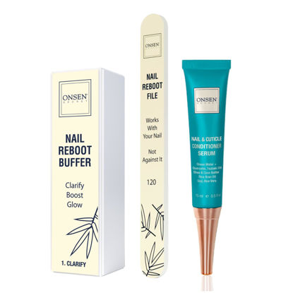 Picture of Onsen Secret Cuticle Cream Bundle, Double Sided Nail File 120/180 Grit, Nail Cuticle Oil - Japanese Natural Healing Minerals Nail Care Serum. (15ml + Buffer + Nail File)