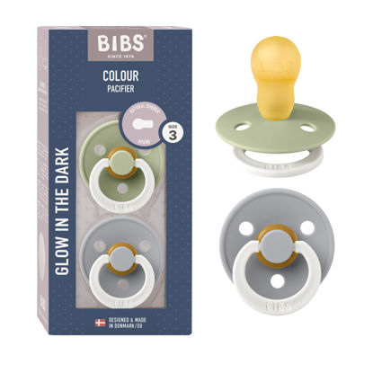 Picture of BIBS Colour Night Baby Pacifier 2-Pack | Made in Denmark | BPA Free Dummy Soother, Round Nipple. Natural Rubber Latex, Size 3 (18+ Months), Sage Night/Cloud Night