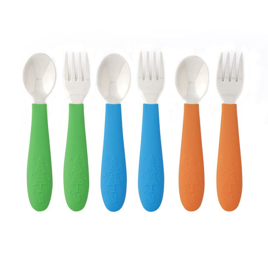 Picture of Elk and Friends Kids Silverware with Silicone Handle | Childrens Safe Flatware | Toddler Utensils | Baby Spoons + Forks | Stainless Steel Cutlery