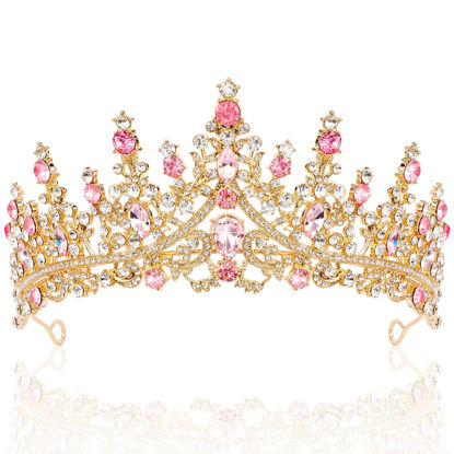 Picture of TOBATOBA Gold Pink Crown, Wedding Tiaras and Crowns for Women, Coronas Para Ramos Buchones De Flores, Queen Crown Royal Princess Quinceanera Headpieces for Birthday Prom Pageant Halloween Cosplay