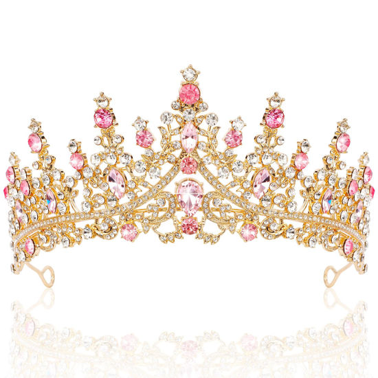 Picture of TOBATOBA Gold Pink Crown, Wedding Tiaras and Crowns for Women, Coronas Para Ramos Buchones De Flores, Queen Crown Royal Princess Quinceanera Headpieces for Birthday Prom Pageant Halloween Cosplay