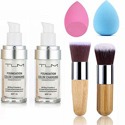 Picture of 2pcs TLM Color Changing Foundation Liquid with 2 Brushes and 2 Cosmetics Sponge Flawless Full Coverage Natural Color Face Primer Base Makeup 30ml