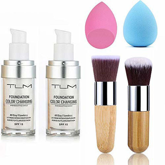 Picture of 2pcs TLM Color Changing Foundation Liquid with 2 Brushes and 2 Cosmetics Sponge Flawless Full Coverage Natural Color Face Primer Base Makeup 30ml