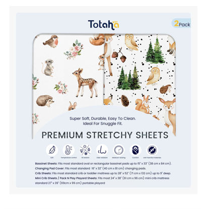 Picture of TotAha Premium Soft Graco Pack n Play Sheets Fitted, Super Stretchy Jersey Knit Mini Crib Sheets Fitted, Silky Comfort Pack and Play Mattress Sheets, 2 Pack (Forest Animals)