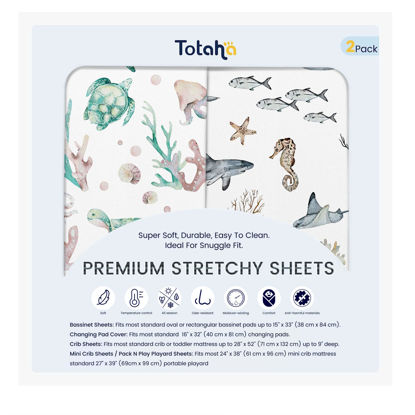 Picture of TotAha Premium Soft Pack n Play Sheets, Super Stretchy Jersey Knit Mini Crib Sheets Fitted, Silky Comfort Pack and Play Mattress Sheets, 2 Pack (Sea Animal)