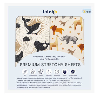 Picture of Graco Pack and Play Sheets Fitted, TotAha Buttery Soft Mini Crib Sheets Boy, Hypoallergenic Neutral Pack N Play Mattress Sheets, Premium Jersey Playrad Sheets, Zoo Safari & Sea Animals, 2 Pack