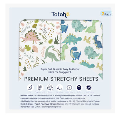 Picture of TotAha Premium Stretchy Dinosaur Pack N Play Playard Sheets | Mini Crib Sheets (2-Pack)-Hypoallergenic, Silky Comfort, Buttery Soft, Calming Effect, All-Season Jersey-Knit