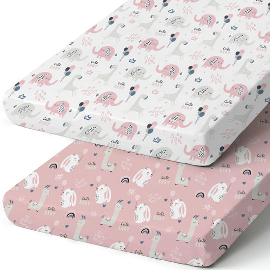 Picture of Pack n Play Sheets, BROLEX 2 Pack Mini Crib Sheets,Stretchy Portable Fitted Playard Sheet Set, Convertible Playard Mattress Cover,Ultra Soft Breathable Material,Elephant Rabbit