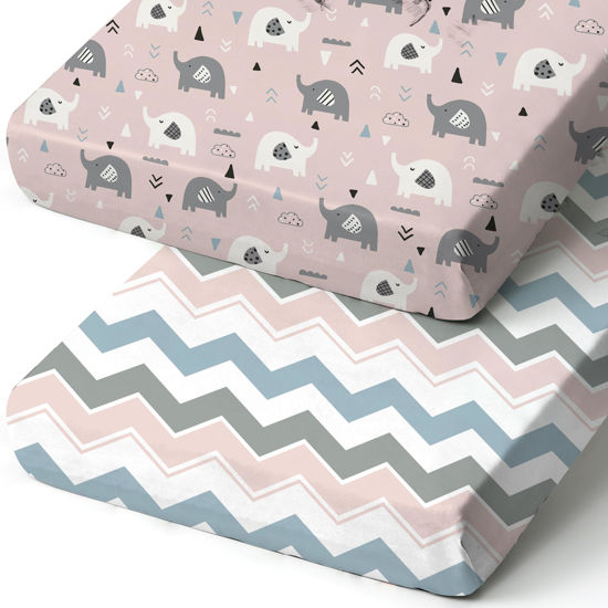 Picture of Pack n Play Sheets, BROLEX 2 Pack Mini Crib Sheets,Stretchy Portable Fitted Playard Sheet Set, Convertible Playard Mattress Cover,Ultra Soft Breathable Material,Elephants&Waves