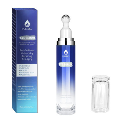 Picture of Poeroes Eye Serum with 8% Caffeine 8% Retinol Hyaluronic Acid Niacinamide peptides for Puffy Eye Bags Fine Lines Dark Circles Wrinkles, Under Eye Cream with 360° Eye Roller Massage Ball, 0.5 fl. oz