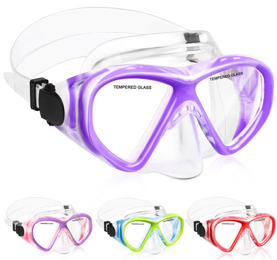 Picture of ACQCES Kids Swim Goggles Snorkel Diving Mask for Boys Girls Ages 5-15, Two-Color Anti-Fog Swimming Goggles with Nose Cover