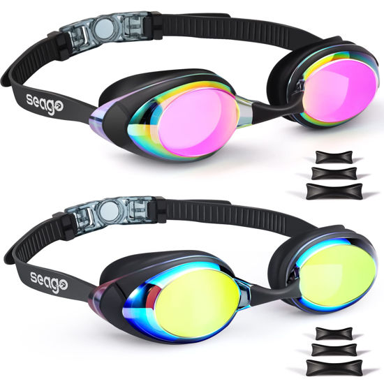 Picture of Swimming Goggles 2 Pack Swim Goggles Anti Fog Goggles Adult Swimming UV Protection Fit for Adult Men Women Youth Junior, No Leaking Soft Silicone Seal Flat Lens Clear Vision, 3 Sizes of Nose Bridge