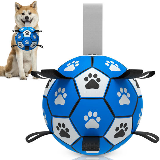 Picture of QDAN Dog Ropes Toys Soccer Ball with Straps, Interactive Dog Toys for Tug of War, Puppy Birthday Gifts, Dog Tug Toy, Dog Water Toy, Durable Dog Balls for Small & Medium Dogs-Blue&Grey（6 Inch）