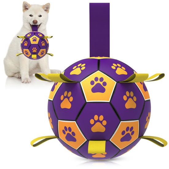 Picture of QDAN Dog Ropes Toys Soccer Ball with Straps, Interactive Dog Toys for Tug of War, Puppy Birthday Gifts, Dog Tug Toy, Dog Water Toy, Durable Dog Balls for Small & Medium Dogs-Purple&Gold（6 Inch）