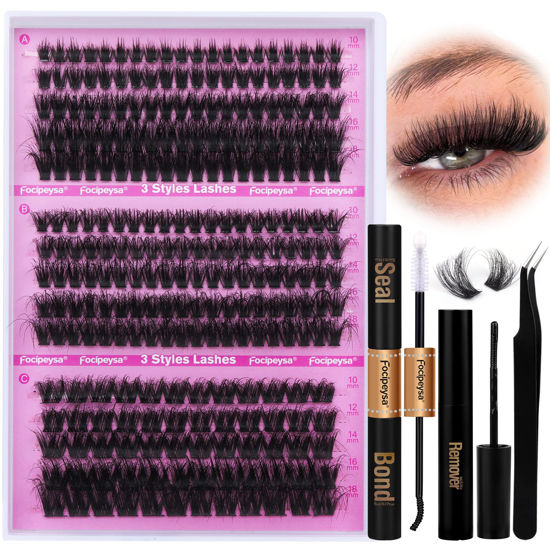 Picture of Fluffy Eyelashes Extension Kit Thick Volume Lashes Clusters 300pcs Individual Lash Extensions Kit 10-18mm D Curl Lash Extensions Kit Lash Bond Glue and Lash Remover DIY Lash Clusters at Home Focipeysa