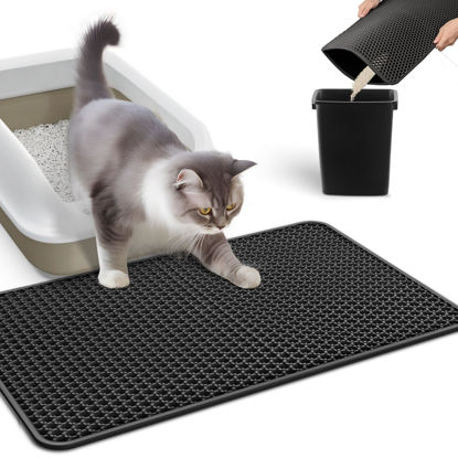 Picture of Powools Cat Litter Mat Large - 24"x15" Litter Trapping Mat, Easy to Clean Litter Box Mat, Waterproof, Urine-Proof, Non-Slip Kitty Litter Mats for Floor, Black