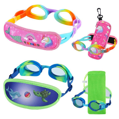 Picture of RUIGAO 2PK Kids Goggles 3-6, Toddler Swim Goggles No Hair Pull,Rainbow Shark Goggles for Kids