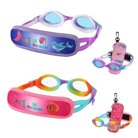 Picture of RUIGAO 2PK Toddler Goggles 2/3/4/5/6 Yr old, Toddler Goggles No Hair Pull, Rainbow/Purple Swimming Goggles for Girl