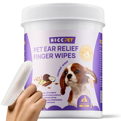 Picture of HICC PET Ear Finger Wipes for Dogs & Cats - Gently Remove Ear Wax, Debris - Sooths & Deodorizes - Relieve Ear Itching & Inflammation, Fresh Coconut Scent, All Natural Ingredients - 50 Count