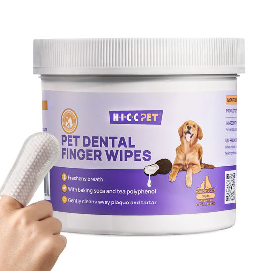 Picture of HICC PET Wider Teeth Cleaning Wipes for Dogs & Cats, Remove Bad Breath by Removing Plaque and Tartar Buildup No-Rinse Dog Finger Toothbrush, Disposable Gentle Cleaning & Gum Care Pet Wipes, 50 Counts