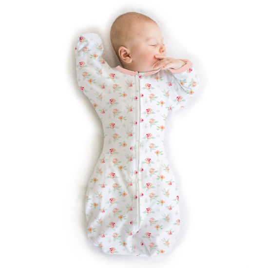 Picture of SwaddleDesigns Transitional Swaddle Sack with Arms Up Half-Length Sleeves and Mitten Cuffs, Medium, 3-6 months, 14-21 lb, Watercolor Peachy Pink Floral (Arms Up Swaddle, Transition Swaddle Sleep Sack)