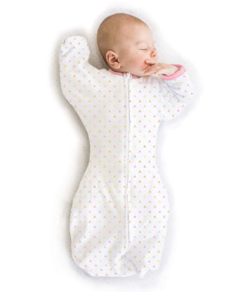 Picture of SwaddleDesigns Transitional Swaddle Sack with Arms Up Half-Length Sleeves and Mitten Cuffs, Tiny Triangles, Pink, Medium, 3-6mo, 14-21 lbs (Better Sleep for Baby Girls, Easy Swaddle Transition)