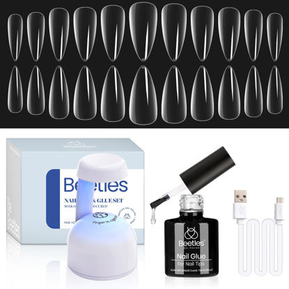 Picture of Beetles Gel Nail Kit Easy Nail Extension Set with 500Pcs Soft False Nail Tips Short Stiletto Shape 5 In 1 Nail Glue Base Gel and Innovative Uv Led Lamp Easy Diy Nails Art Home Acrylic Nail Tips