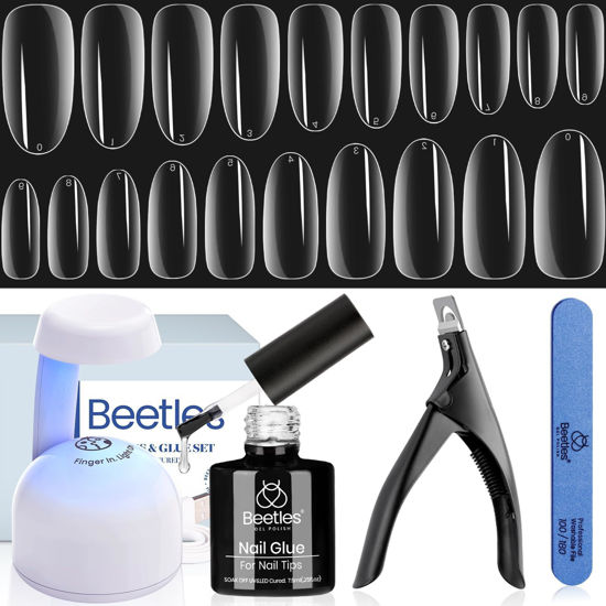 Picture of Beetles Gel Nail Kit Easy Nail Extension Set 5 In 1 Nail Glue Gel Base Coat with Pre shaped Medium Oval Gel Nail Tips and Uv Led Nail Lamp Acrylic Nail Clipper for Nail Art Diy Home