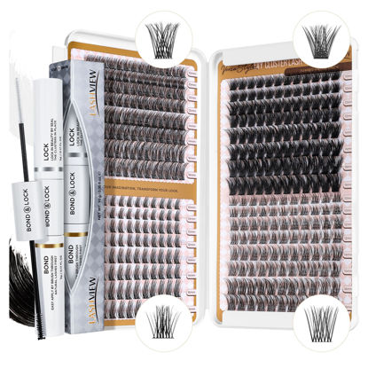 Picture of LASHVIEW Lash Clusters Kit D Curl Eyelash Extension Clusters with Lash Bond and Seal Natural Look Cluster Lashes Extensions Super Thin Band & Soft Cluster Lashes Reusable 9-16mm MIX(style3&5&56D&H15)